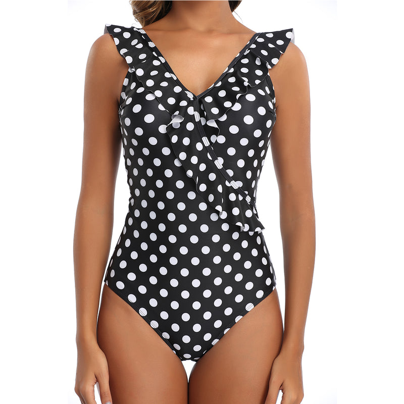 ruffled v neck one piece suit in polka dot