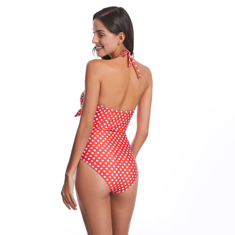 TIE-FRONT DOTS ONE-PIECE SWIMSUIT