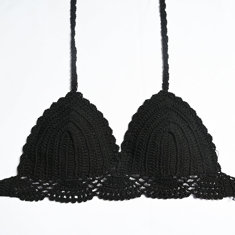 knitted crochet high leg thong bikini in floral black