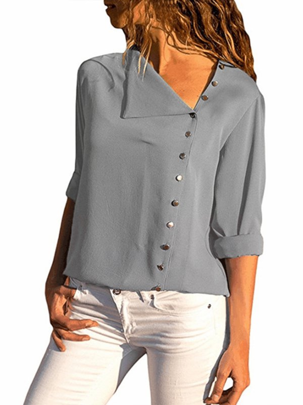 Sweety Miss Shift Long Sleeve Casual Solid Buttoned Blouse