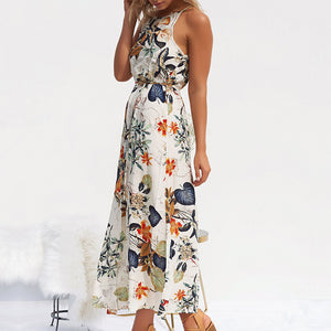 Summer Bohemian Style Long Dress Sleeveless Backless Ankle-length Fit Flare O Neck Flower Clothing Party Fashion Ladies Dress B