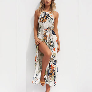 Summer Bohemian Style Long Dress Sleeveless Backless Ankle-length Fit Flare O Neck Flower Clothing Party Fashion Ladies Dress B