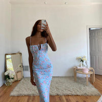 SWEETY MISS Floral Print Cottagecore Elegant Sleeveless Maxi Sundress Sexy Backless Women Party Club Tie Front Dress Holiday