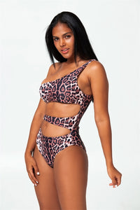 leopard one shoulder cutout one-piece swimsuit