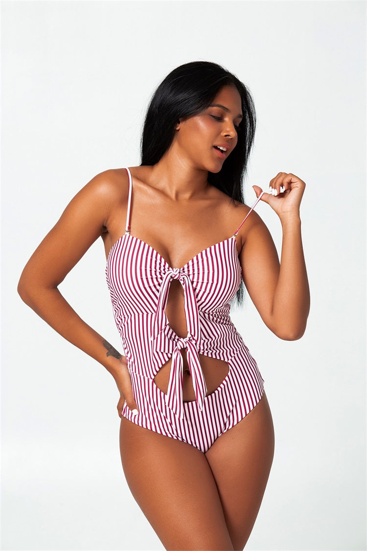 strip knotted cut-out one piece swimsuit