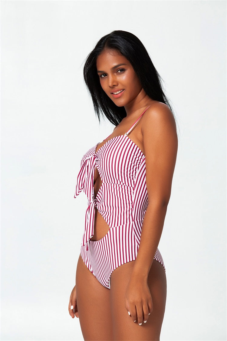 strip knotted cut-out one piece swimsuit