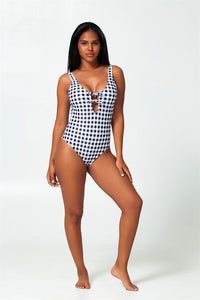 gingham low-back plunging neckline one-piece swimsuit