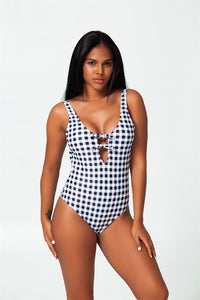 gingham low-back plunging neckline one-piece swimsuit