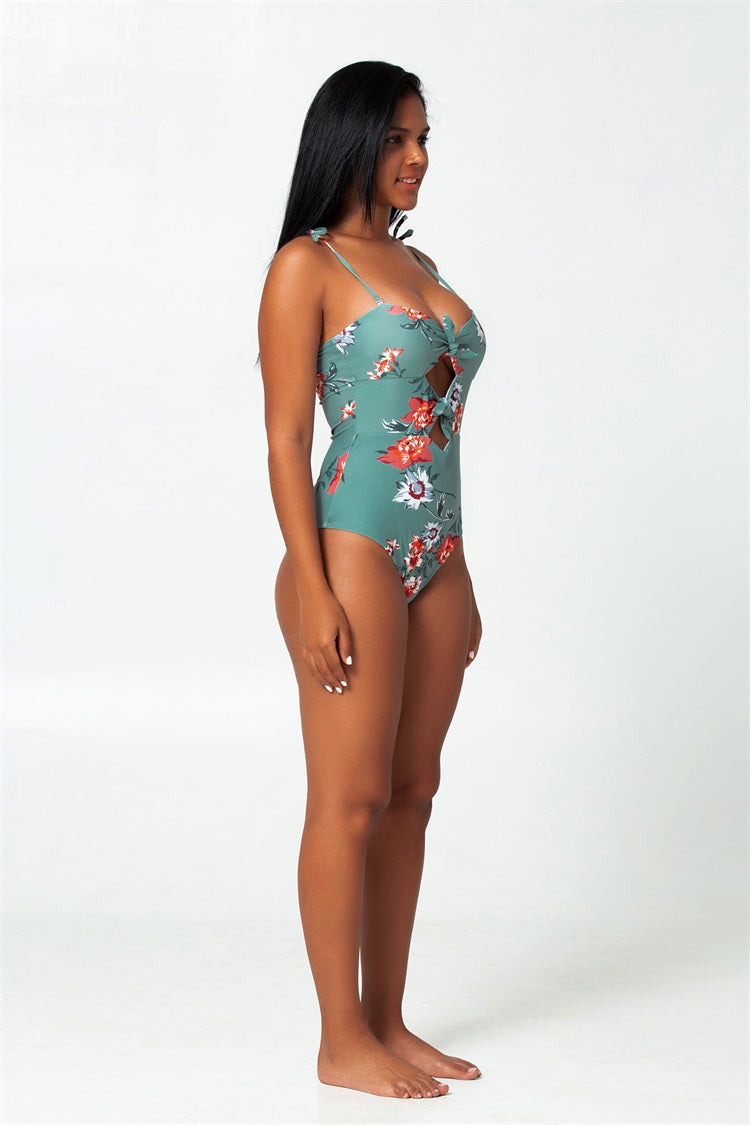 floral front knotted one-piece swimsuit