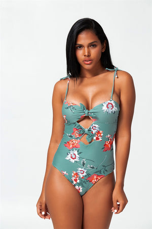 floral front knotted one-piece swimsuit