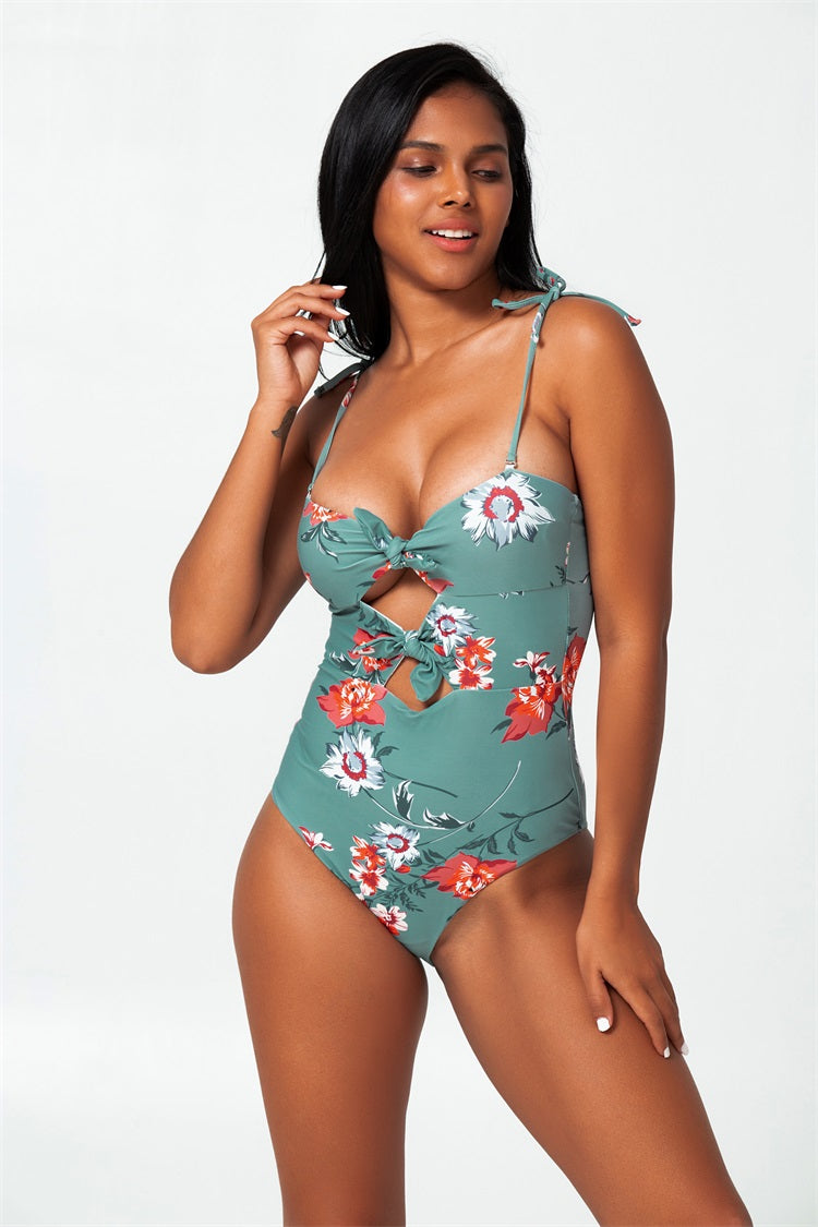 FLORAL FRONT KNOTTED ONE-PIECE SWIMSUIT