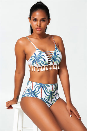 cutout v-shape tassel high-waisted bikini