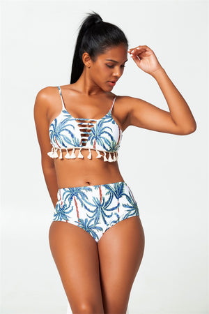 cutout v-shape tassel high-waisted bikini