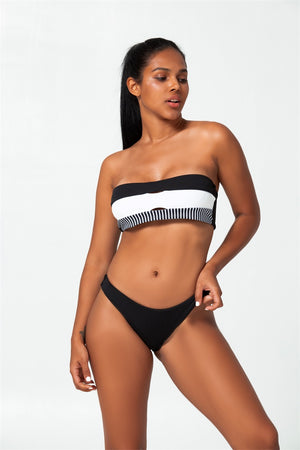 black and white bandeau striped low-rise bikini