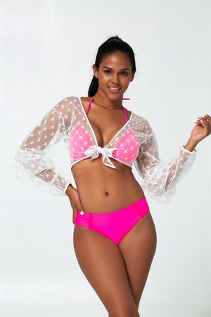 pink neon halter triangle bikini with cover up