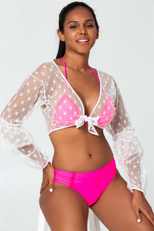 pink neon halter triangle bikini with cover up