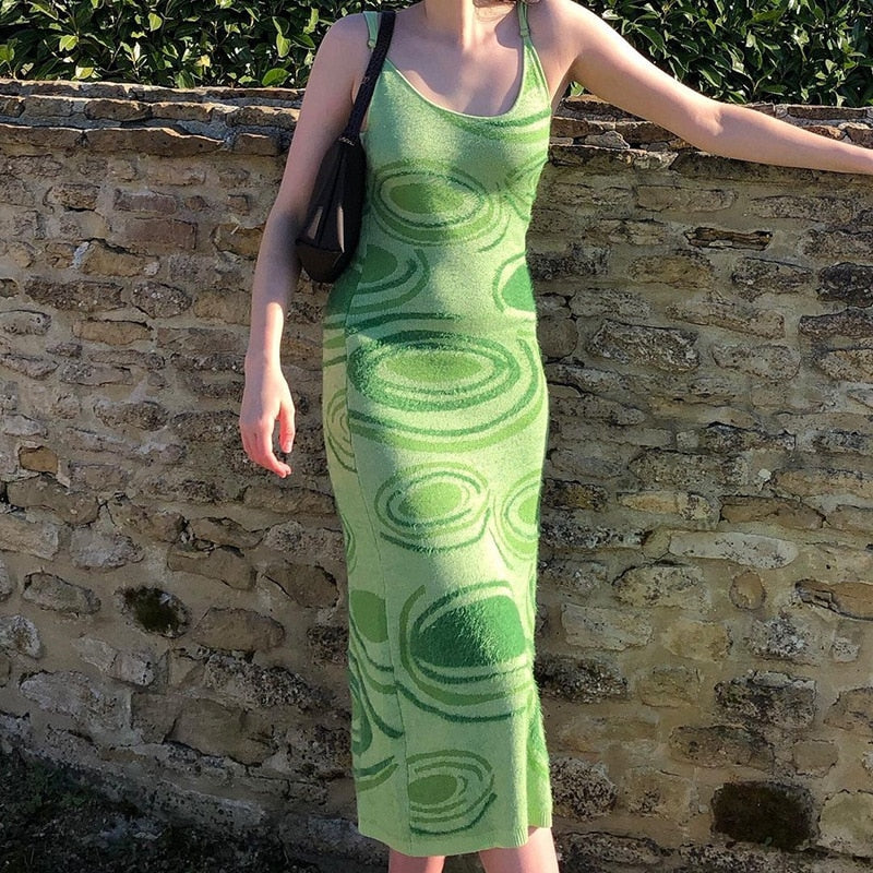 Sweety Miss Print Knit Dress Women Green Y2K Summer Sexy Bodycon  Sleeveless Spaghetti Strap Beach Party Midi Dresses 2021