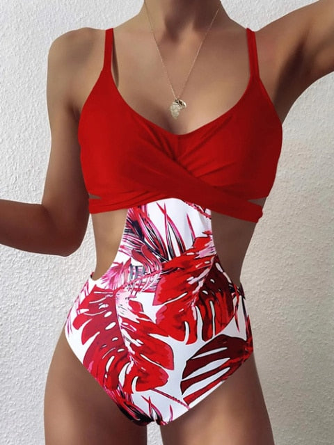 Sweety Miss 2021 Leaf Print Swimwear Women Skinny One Piece Swimsuit Maio Biquini Mujer Trikini Banador Monokini Bikini Badpak Maillot Femme
