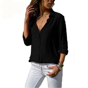 Sweety Miss Fashion Women Button Solid Color Blouses 2021 Summer New V-Neck Long Sleeve Office Blouse Ladies Casual Slim Shirt Plus Size Top