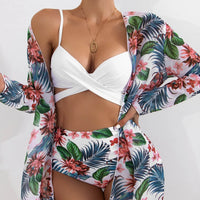 Sweety Miss 3 Pieces Bikini Set Summer Sexy Straps Bra + Cardigan Tops Bathing Suit Biquini Women Swimsuit Casual Print Bikinis Swimwear