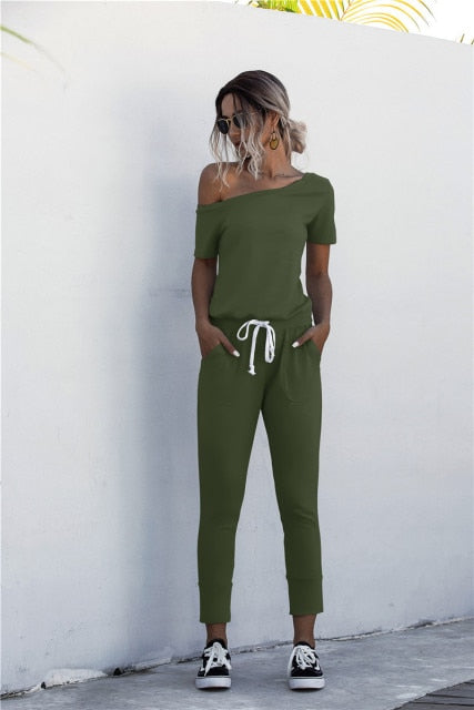 Fashion Women Summer Solid Color Jumpsuits Drawstring Design Pockets Decor Oblique Collar Short Sleeve Mid Waist Slim Jumpsuits