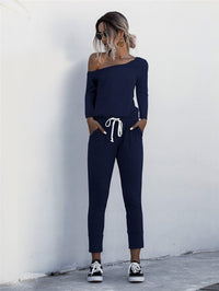 Fashion Women Summer Solid Color Jumpsuits Drawstring Design Pockets Decor Oblique Collar Short Sleeve Mid Waist Slim Jumpsuits